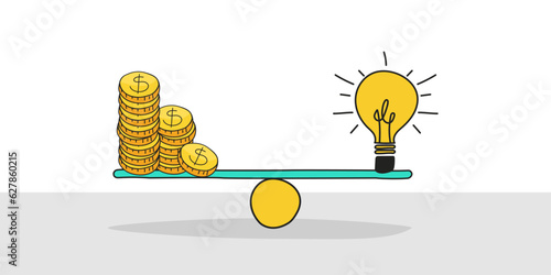 Coin stack compare light bulb idea on wood scale seesaw on blue background. financial investment, saving money, think exchange