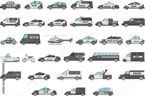 Police vehicles icons set cartoon vector. Work call. Public light