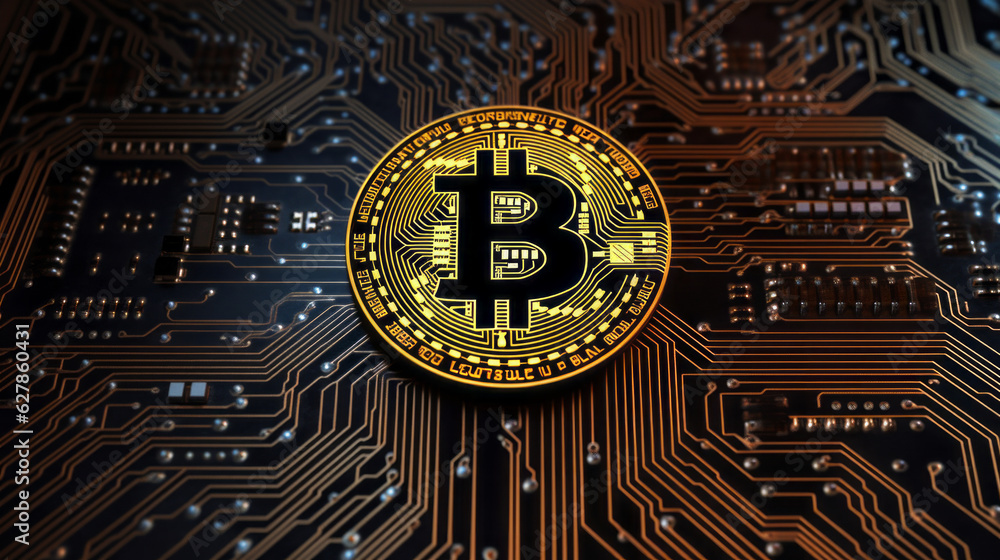 Gold bitcoin integrated into a microcircuit abstract background. High quality image