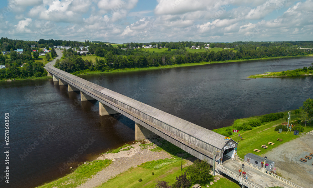 Hartland Covered Bridge in Hartland, New Brunswick, the world's longest covered bridge, aerial view Hartland Covered Bridge in Hartland, New Brunswick, the world's longest covered bridge, aerial view
