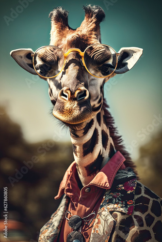 Fashionable giraffe in sunglasses and colorful suit on safari park background