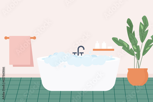 modern bathroom interior; bathtube with soap foam and  shelve with cosmetics, faucet, towel hanger,  houseplant - vector illustration