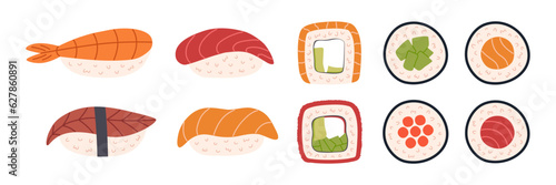 Japanese sushi set. Collection of different nigiri and sushi rolls. Asian food. Hand-drawn colored flat vector illustration isolated on white background.