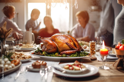 Tablou canvas Happiness and dining: family thanksgiving with turkey
