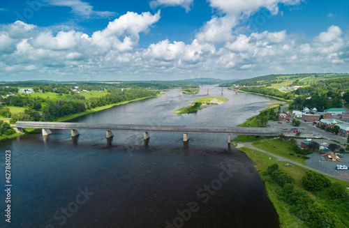 Hartland Covered Bridge in Hartland, New Brunswick,  the world's longest covered bridge, aerial view photo