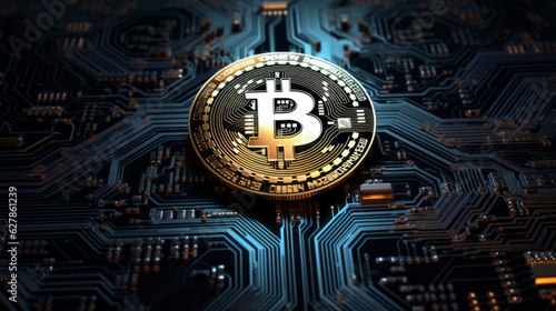 Gold bitcoin integrated into a blue microcircuit abstract background. High quality image