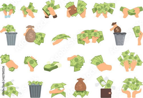 Spendthrift icons set cartoon vector. Waste bill. Marketing financial