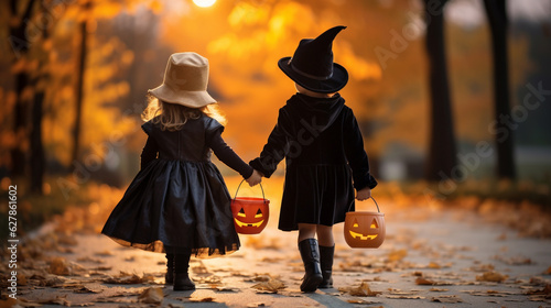 Tableau sur toile Children Trick Or Treating with Jack-O-Lantern Candy Buckets on Halloween