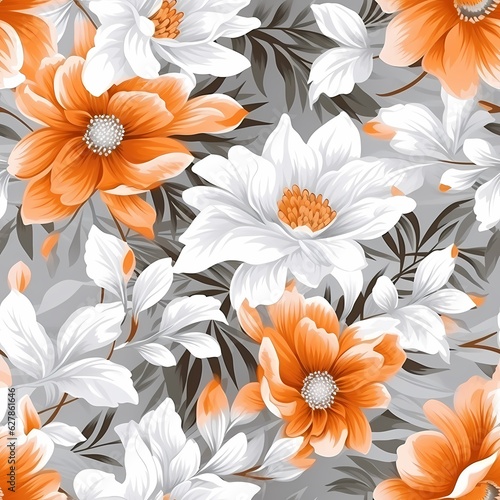 an orange and white flower pattern with leaves