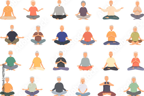 Elderly people meditate icons set cartoon vector. Home yoga. Person elderly