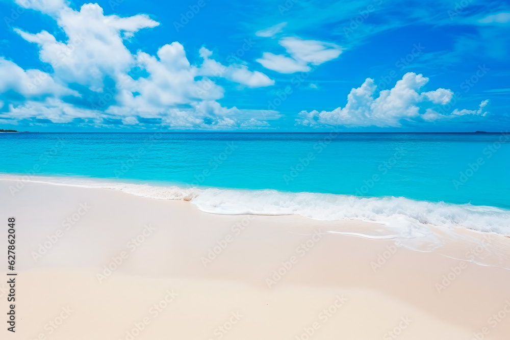 Beautiful sandy beach with white sand and rolling calm waves.