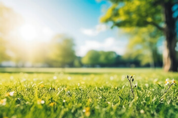 Beautiful blurred background image of spring nature with sunny sky. Green nature and blue skies.