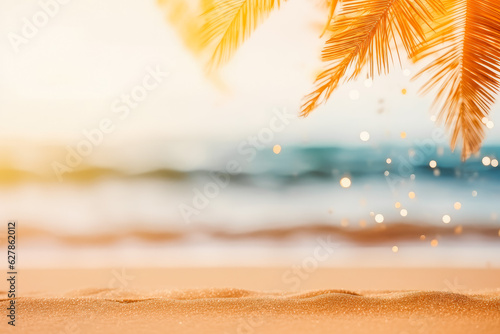 Beautiful background for summer vacation and travel. Blue ocean and palm trees background.