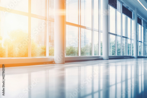 Beautiful blurred background of a light modern office. Empty big modern office with big windows and sunlight.