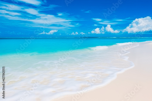 Beautiful sandy beach with white sand and rolling calm waves.