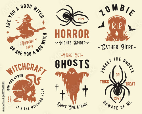 Halloween set of designs for the feast of the dead or Dia de los Muertos. Collection of emblems with ghost, skull, spider, witch and tombstone for Halloween party and mystery night, Cinco de Mayo