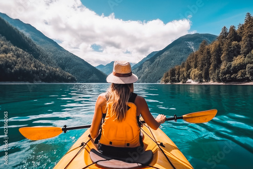 Beautiful woman on a kayak on a big lake with big mountains in background. Back view of woman on kayak.