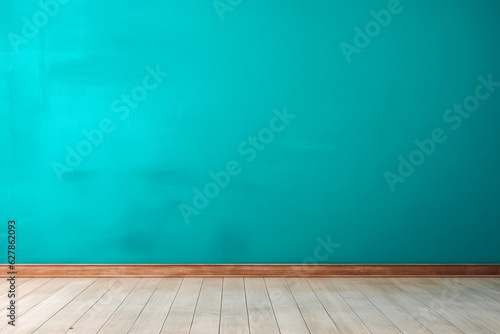 Blue turquoise empty wall and wooden floor in apartment or house.