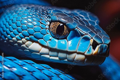 Blue viper snake closeup face. Dangerous animal snake closeup photo