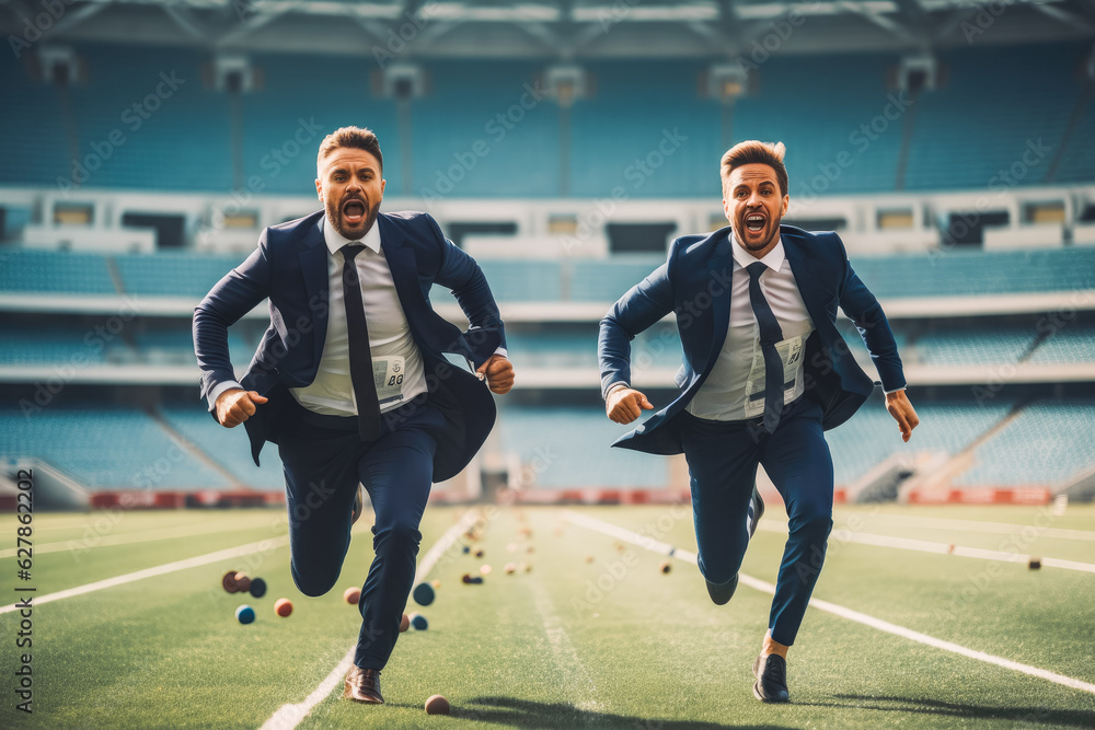 Business competition concept photo. Running on athletic stadium. - obrazy, fototapety, plakaty 
