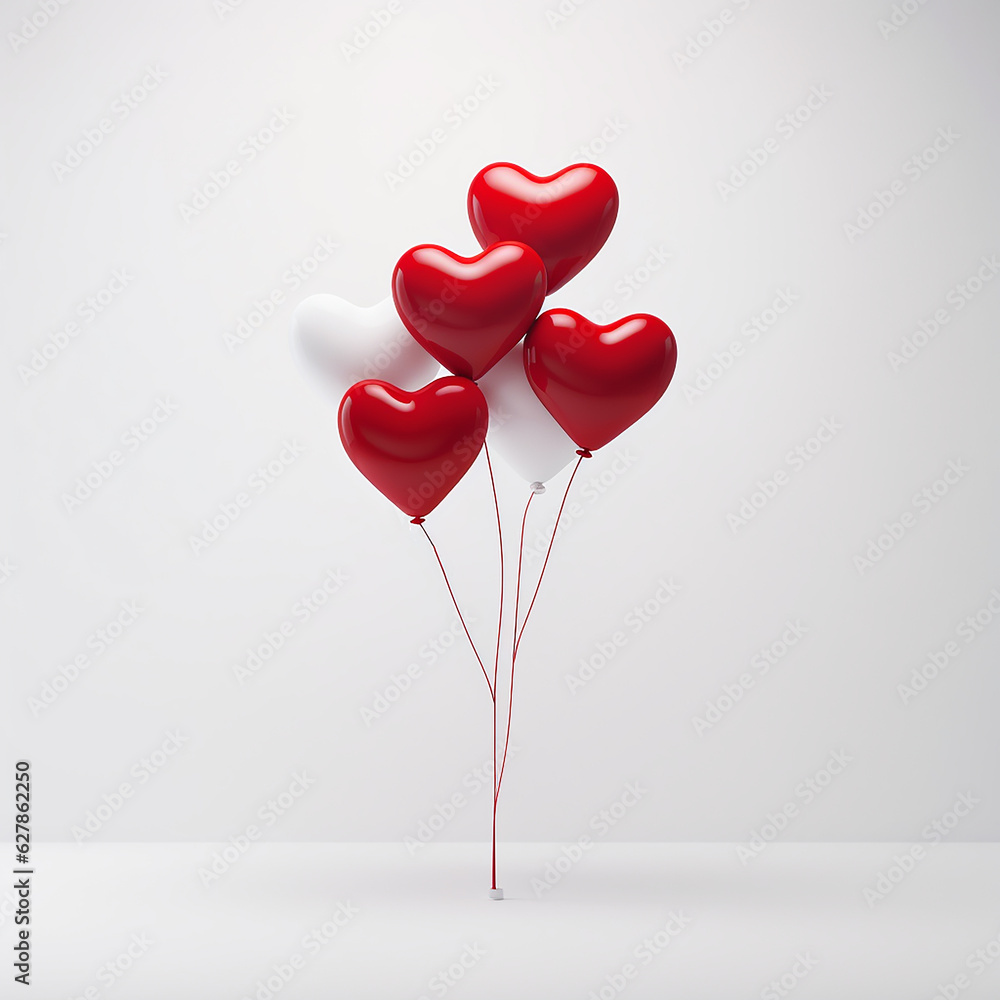 Gel balloons in the shape of a heart. White and red color fly on a white background.