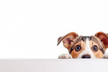 Cats and dogs peeking over white edge. Web banner. Cute pets. White background.