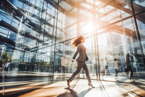 Businesswoman rushing. All glass building in background. Success and motivation. © VisualProduction