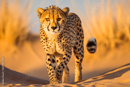 Cheetah in dunes. Dangerous wild animal in desert. Big cat cheetah leopard.