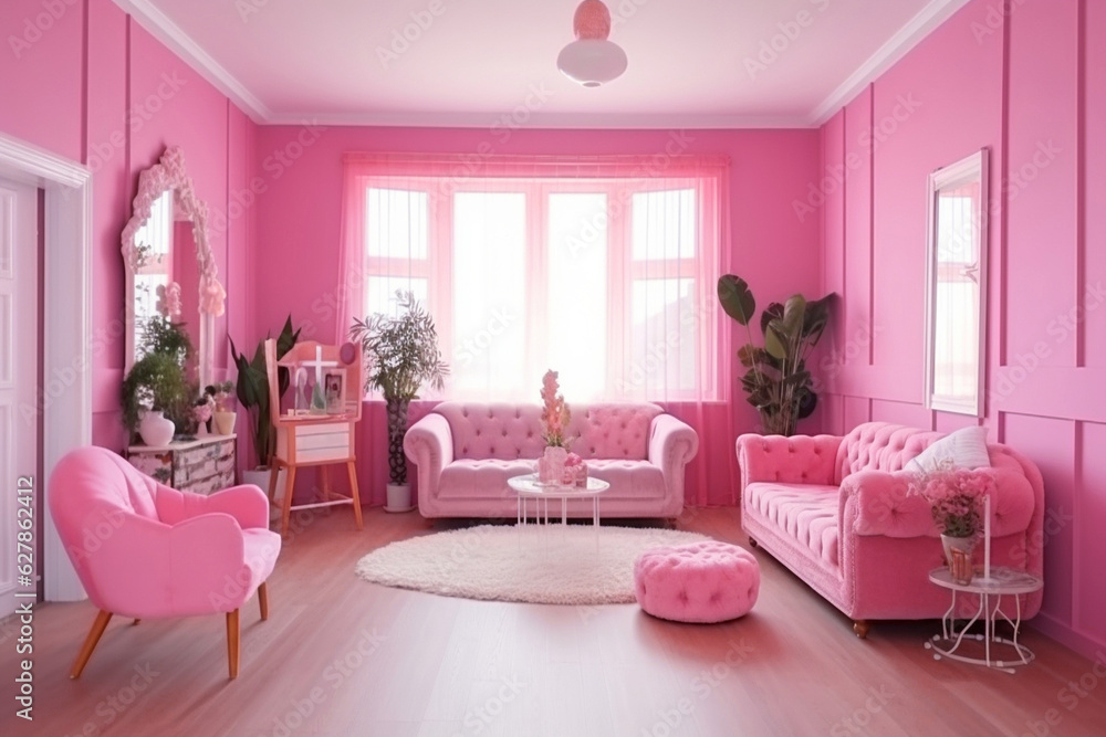 Pink Color Living Room Interior Design in Barbie Style: AI Generated ...