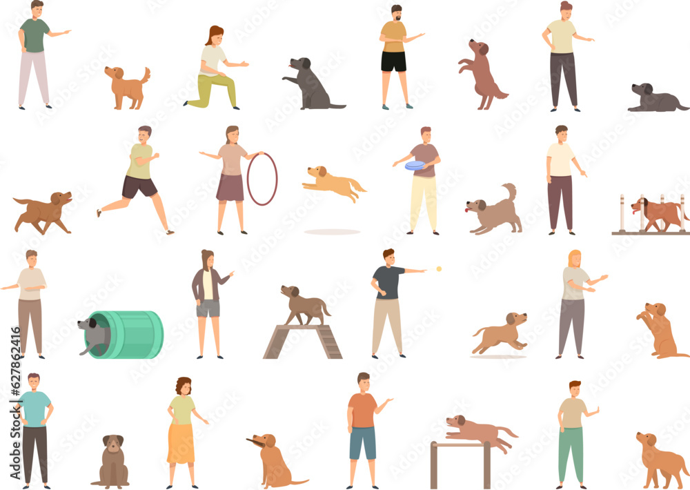 Pet trainer icons set cartoon vector. Man play. Guy agility