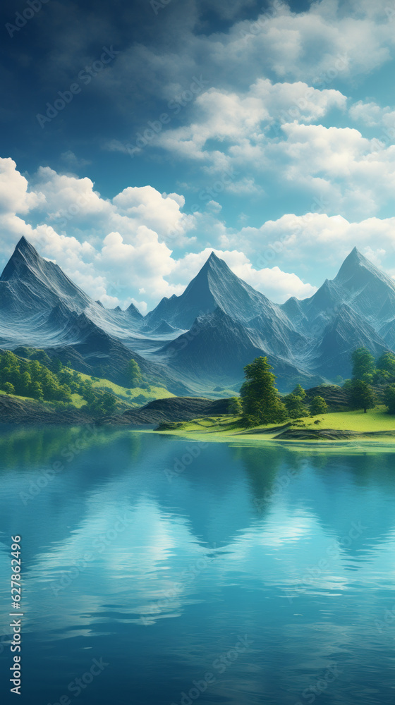 A tranquil lake nestled among majestic mountains