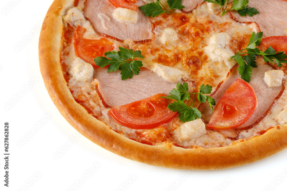 pizza with ham and tomatoes on white background for food delivery restaurant menu pizza with ham and tomatoes on white background for food delivery restaurant menu