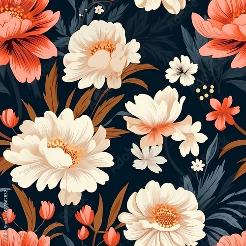 blue background with orange flowers on navy blue