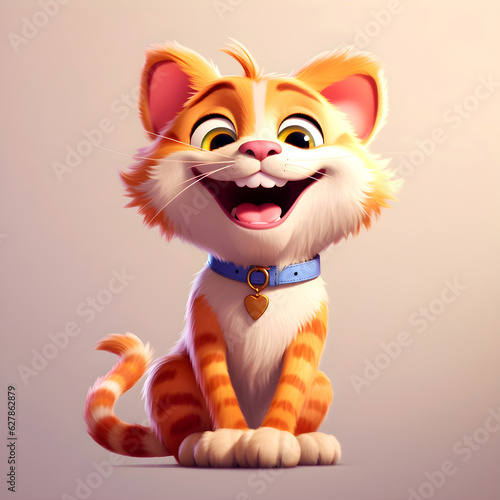 Cute red-haired cartoon kitten close-up on pink background. Design for children's books. 