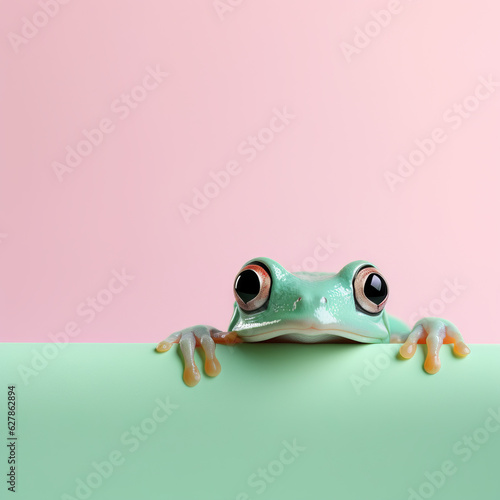 Greeting card, frog peeking, pastel background, copy space