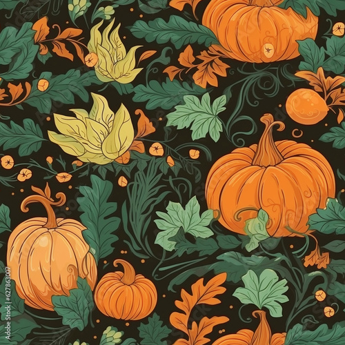 Pumpkin seamless pattern with green leaves on dark background