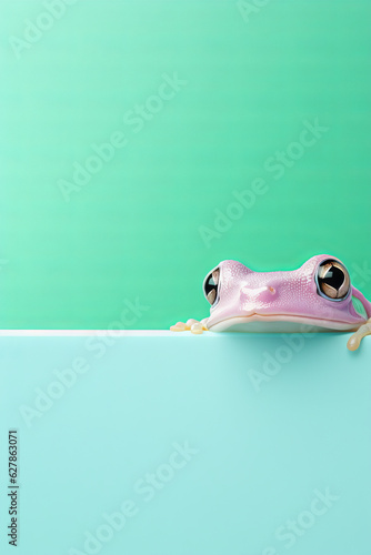 Greeting card, frog peeking, pastel background, copy space