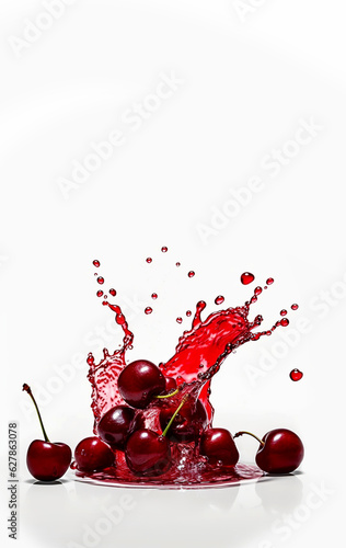 Splashes of red cherry juice on a white background. Ripe appetizing cherries.