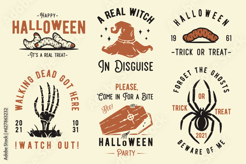 Halloween set of designs for the feast of the dead or Dia de los Muertos. Collection of emblems with crosses, coffin, spider and skeleton hand for Halloween party and mystery night