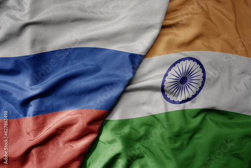 Quadro su tela big waving realistic national colorful flag of russia and national flag of india