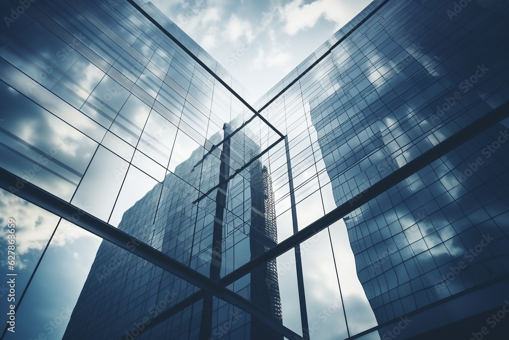 Obraz premium Reflective skyscrapers, business office buildings. Low angle photography of glass curtain wall details of high-rise buildings.The window glass reflects the blue sky and white clouds. High quality