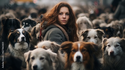 A mass of dogs, a huge crowd and a close-up view of a young beautiful girl who stands out, stands out from the crowd, be different and respect differences. Generative AI.