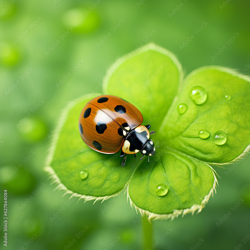 Obraz premium Lady beetle on clover, lucky charms