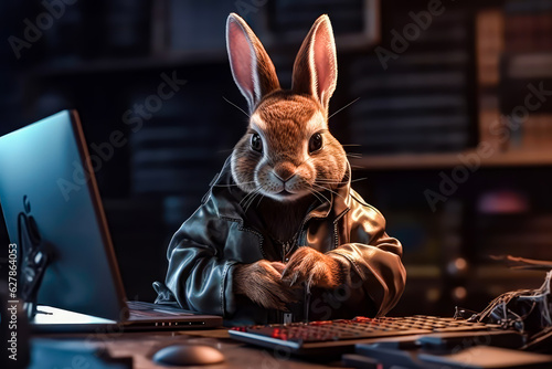 Cute Rabbit cyber security expert posing at his workplace  Animal Professions  World Works
