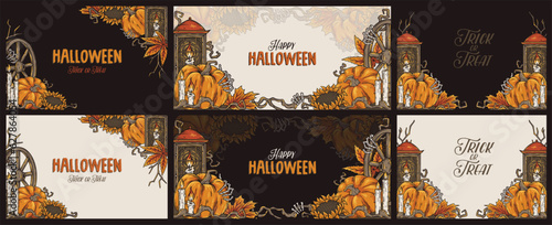 Halloween set of holidays backgrounds for design dark party of happy halloween. Collection of designs with pumkins, candle, lantern and skeleton hand for autumn poster, banner, postcard