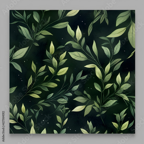 Green leaves and branches pattern on a dark background. Watercolor template with tropical plants for textile design, wallpaper, banners, textile. Floral patterns with leaves of Herbergii laurel. 