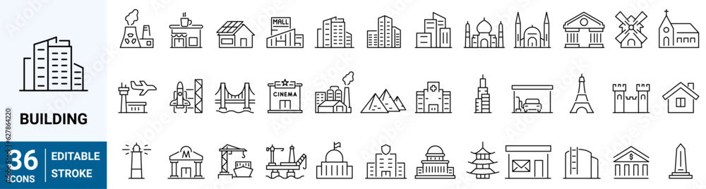 set of 36 line web icons real estate. Included icons such as real estate, mortgage, home loan. Collection of Outline Icons. Vector illustration. set of 36 line web icons real estate. Included icons such as real estate, mortgage, home loan. Collection of Outline Icons. Vector illustration.