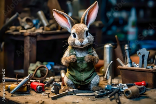 Cute Rabbit repairman posing at his workplace, Animal Professions, World Works