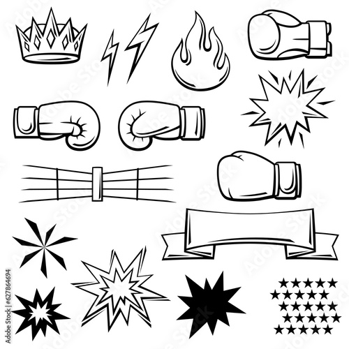Set of boxing items. Box club illustration. Sport image in cartoon style.
