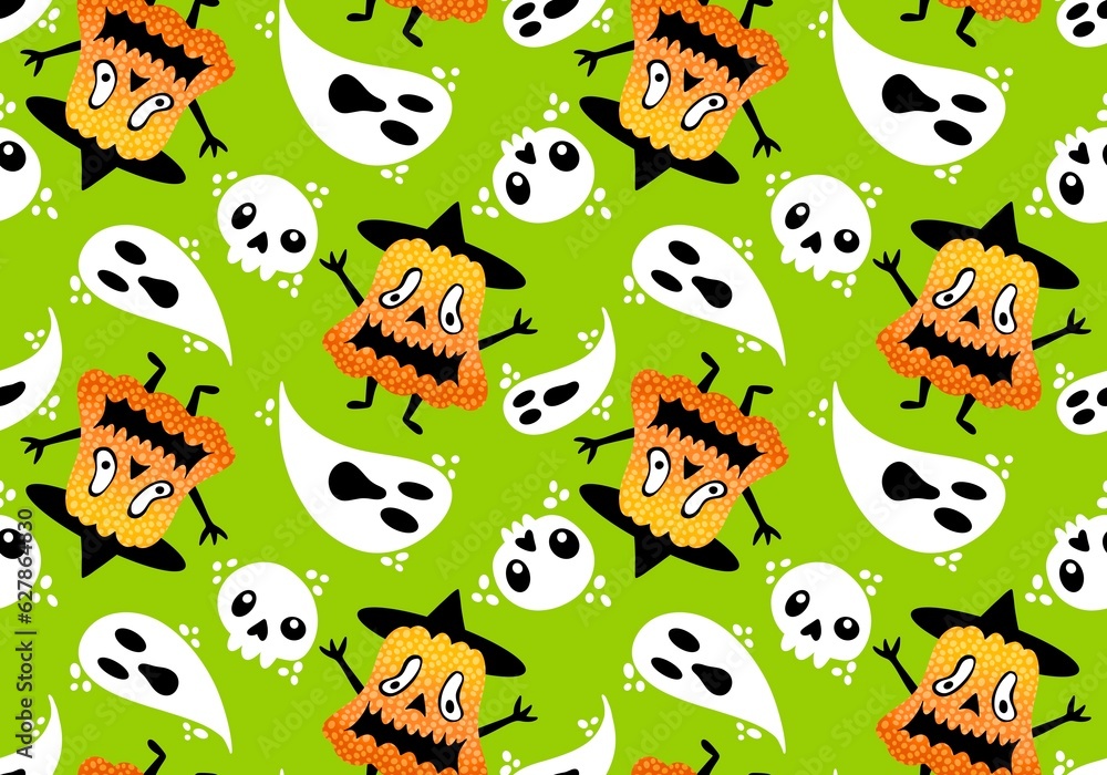 Fototapeta premium Autumn cartoon harvest vegetable seamless Halloween pumpkins and ghost pattern for wrapping paper and fabrics